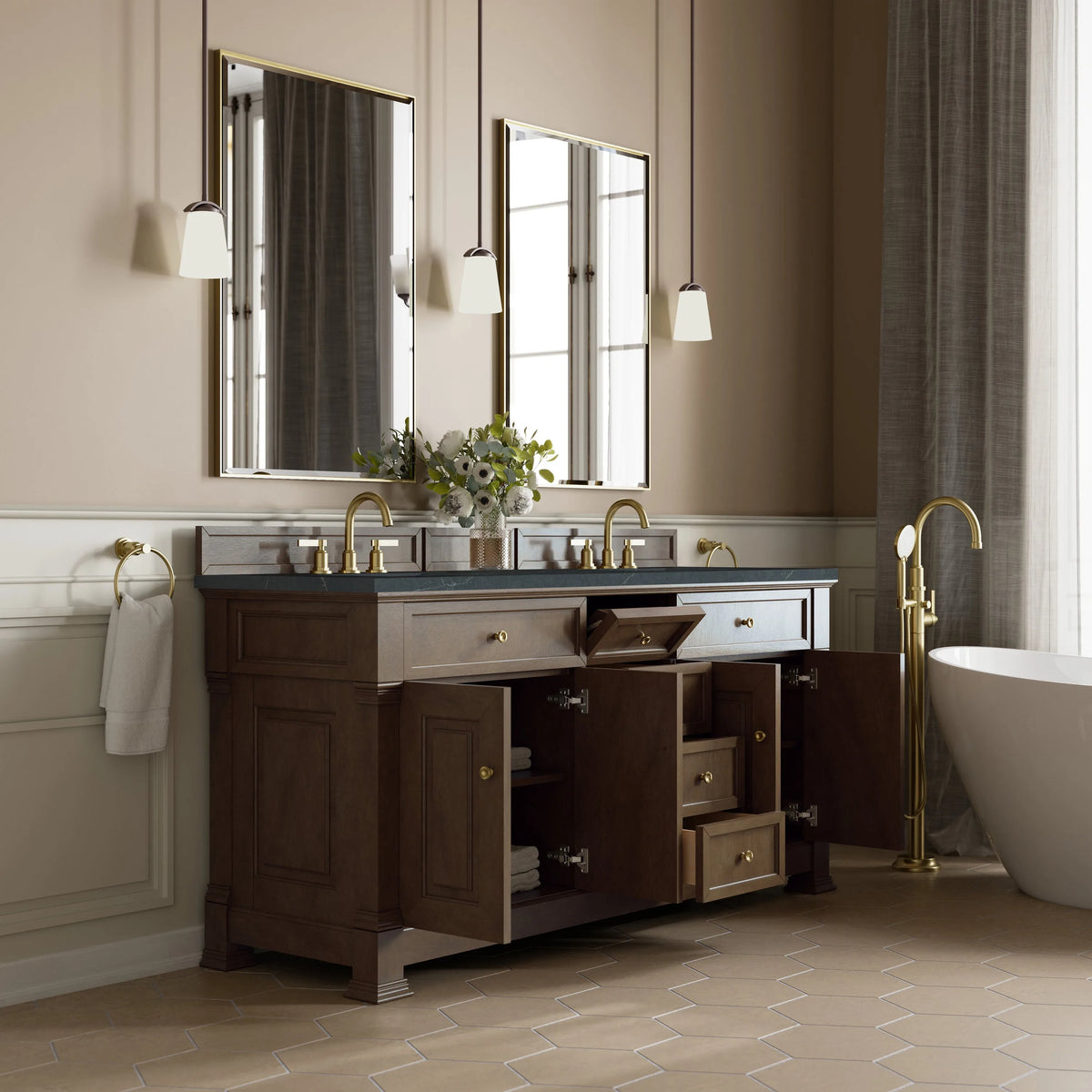 Brookfield 72" Double Vanity, Pecan, w/ 3 CM Charcoal Soapstone Silestone Top