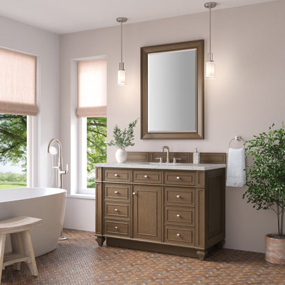 Renovate for Less Atlanta Bristol 48" Single Vanity, Saddle Brown w/ 3 CM Eternal Jasmine Pearl Silestone Top