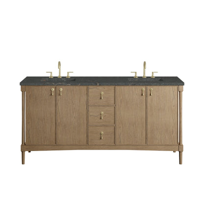 Kinnsden 72" Double Vanity, Weathered Oak w/ 3 CM Parisien Bleu Silestone Top w/FreePower Wireless Charger