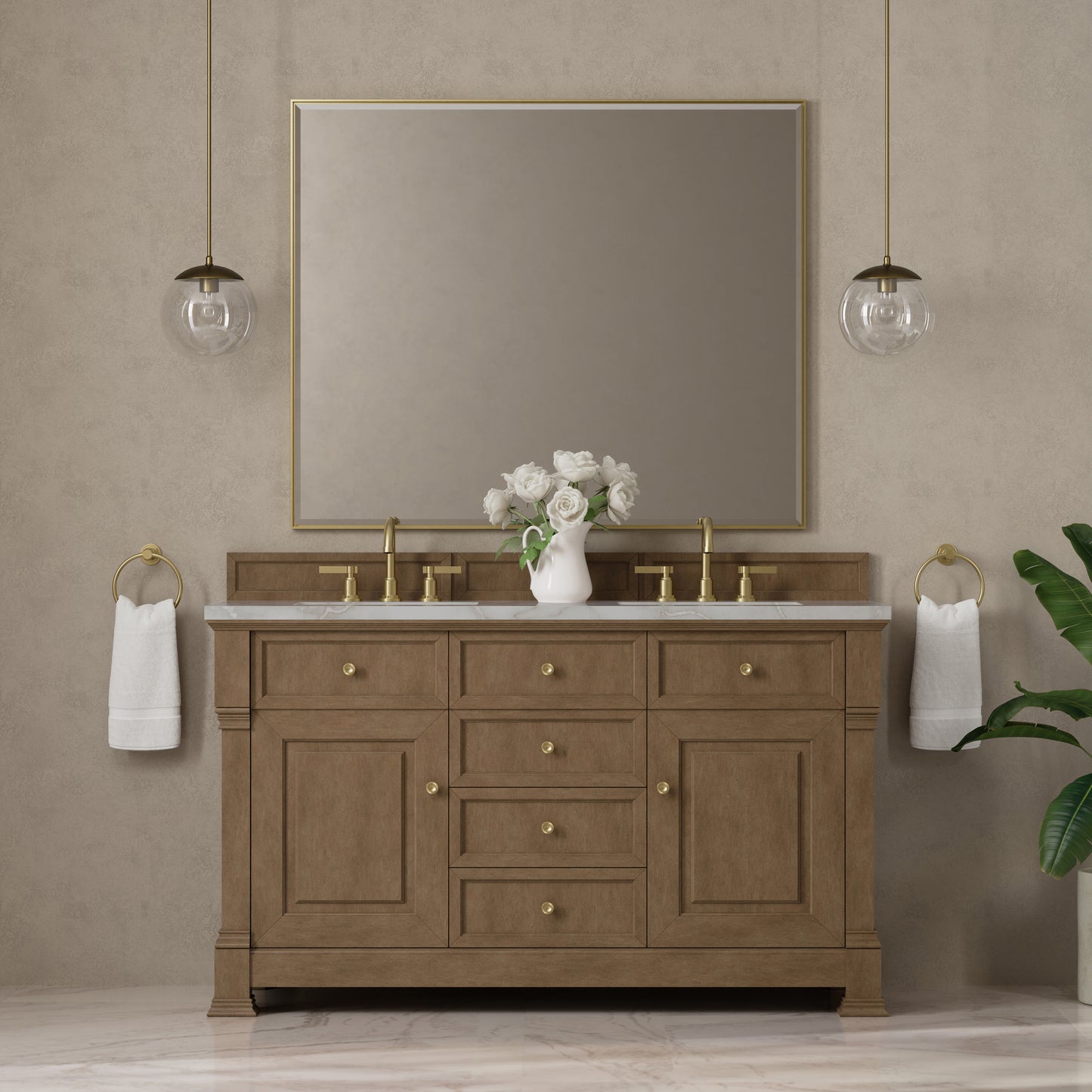 Renovate for Less Atlanta Brookfield 60" Double Vanity, Pecan w/ 3 CM Victorian Silver Silestone Top w/FreePower Wireless Charger