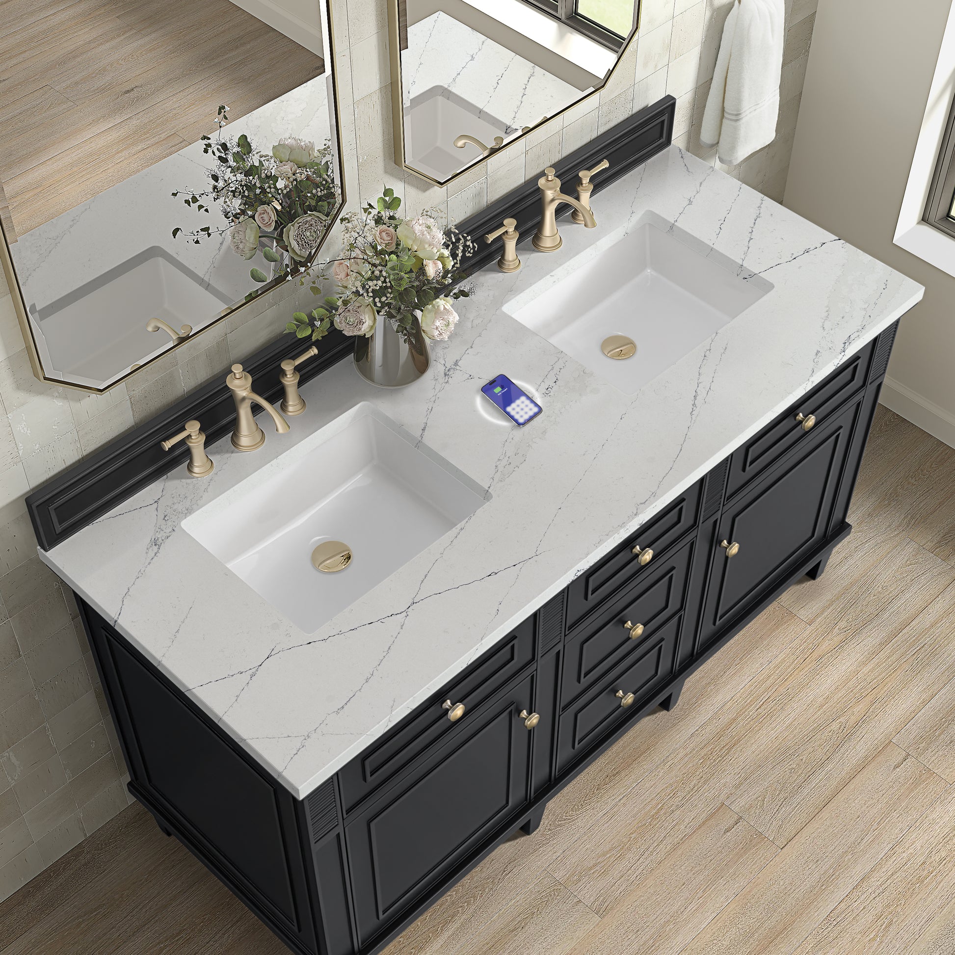 Renovate for Less Atlanta Lorelai 60" Double Vanity, Black Onyx w/ 3 CM Ethereal Noctis Silestone Top w/FreePower Wireless Charger