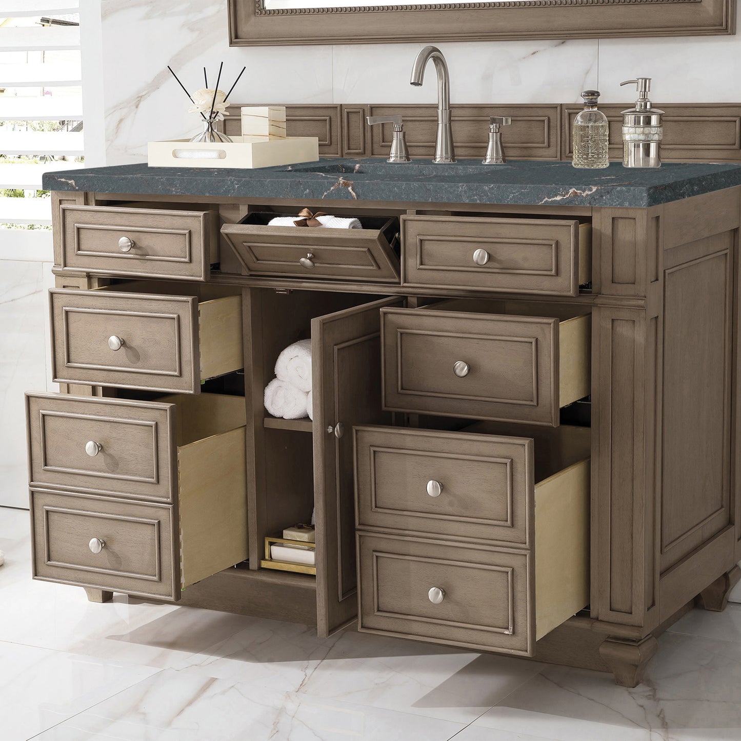 Renovate for Less Atlanta Bristol 48" Single Vanity, Whitewashed Walnut w/ 3 CM Parisien Bleu Silestone Top w/ FreePower Wireless Charger