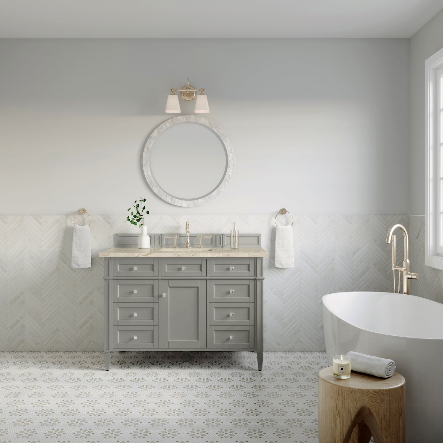 Renovate for Less Atlanta Brittany 48" Single Vanity, Urban Gray, w/ 3 CM Tajnar Eclos Top w/FreePower Wireless Charger