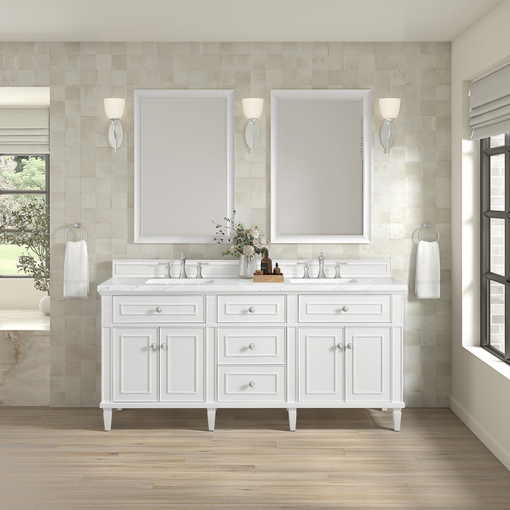 Renovate for Less Atlanta Lorelai 72" Double Vanity, Bright White w/ 3 CM White Zeus Silestone Top