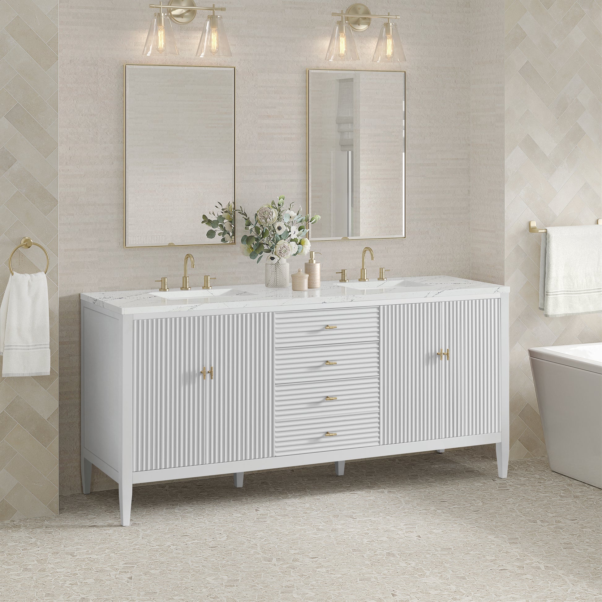Renovate for Less Atlanta Myrrin 72" Double Vanity, Bright White w/ 3 CM Ethereal Noctis Silestone Top w/FreePower Wireless Charger
