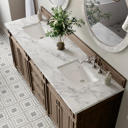 Bristol 72" Double Vanity, Whitewashed Walnut w/ 3 CM Carrara Marble Top
