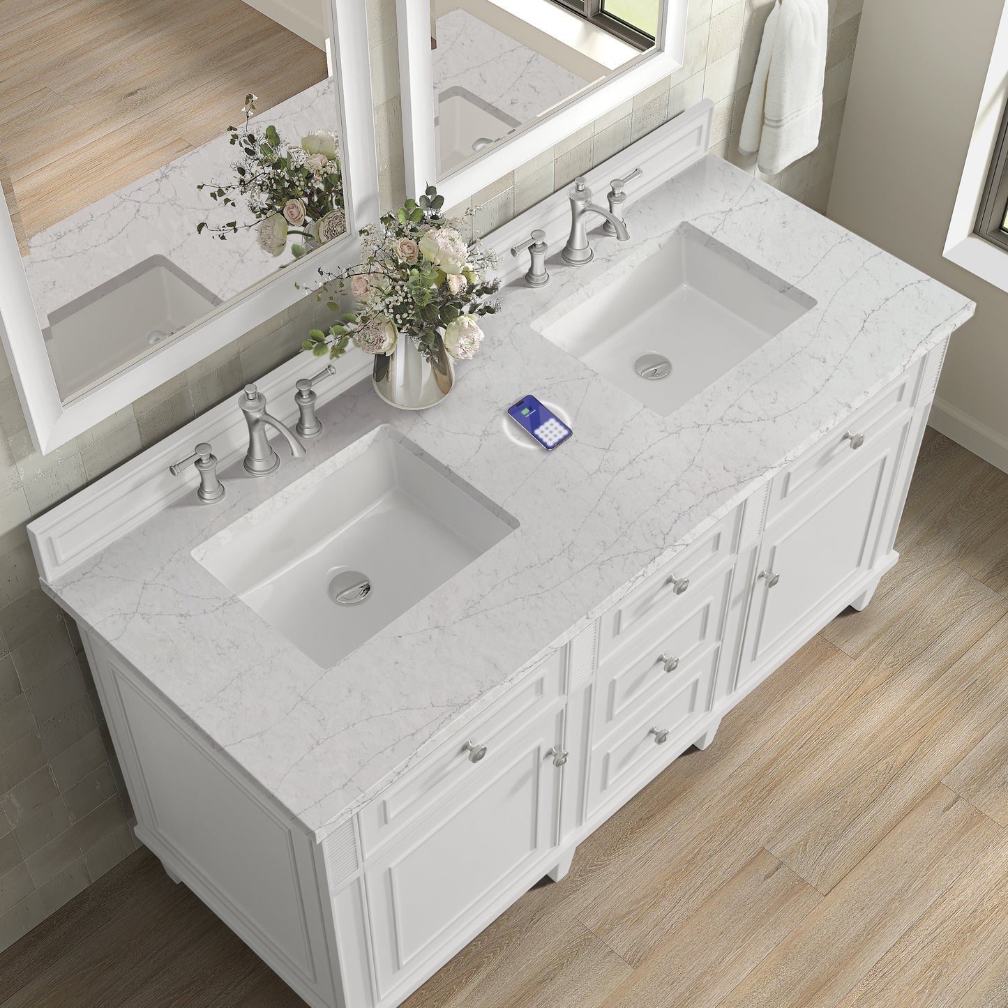 Renovate for Less Atlanta Lorelai 60" Double Vanity, Bright White w/ 3 CM Eternal Jasmine Pearl Silestone Top w/FreePower Wireless Charger