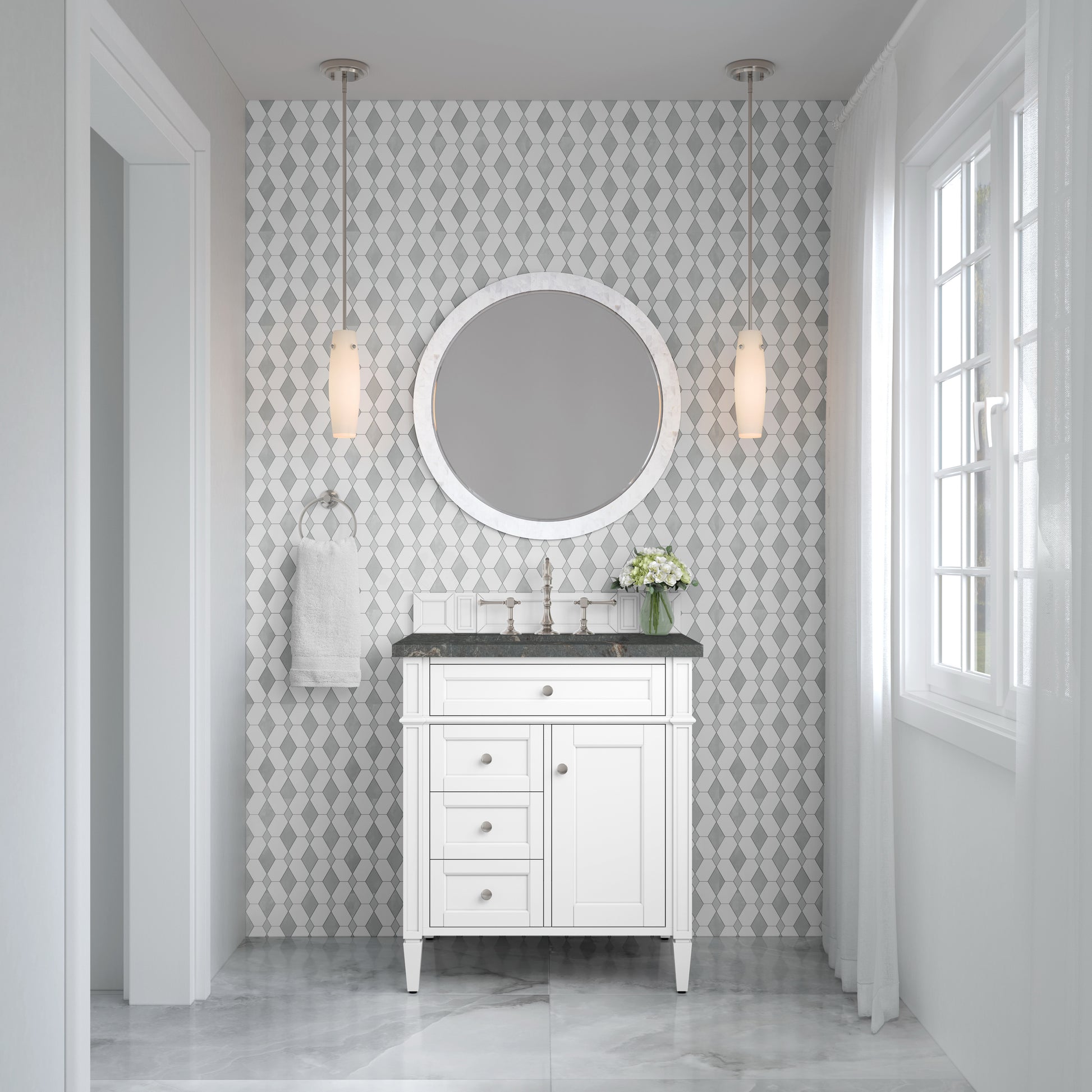 Renovate for Less Atlanta Brittany 30" Single Vanity, Bright White, w/ 3 CM Parisien Bleu Silestone Top