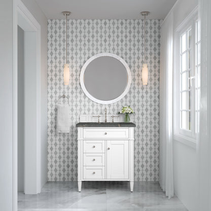 Renovate for Less Atlanta Brittany 30" Single Vanity, Bright White, w/ 3 CM Parisien Bleu Silestone Top