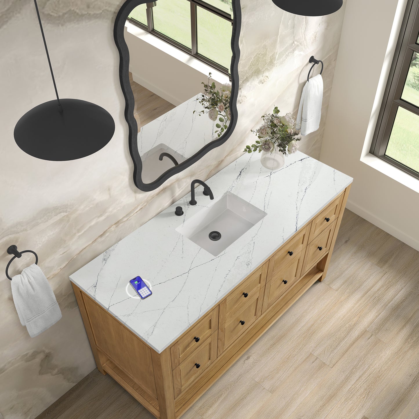 Renovate for Less Atlanta Breckenridge 60" Single Vanity, Light Natural Oak, w/ 3 CM Ethereal Noctis Silestone Top w/ FreePower Wireless Charger