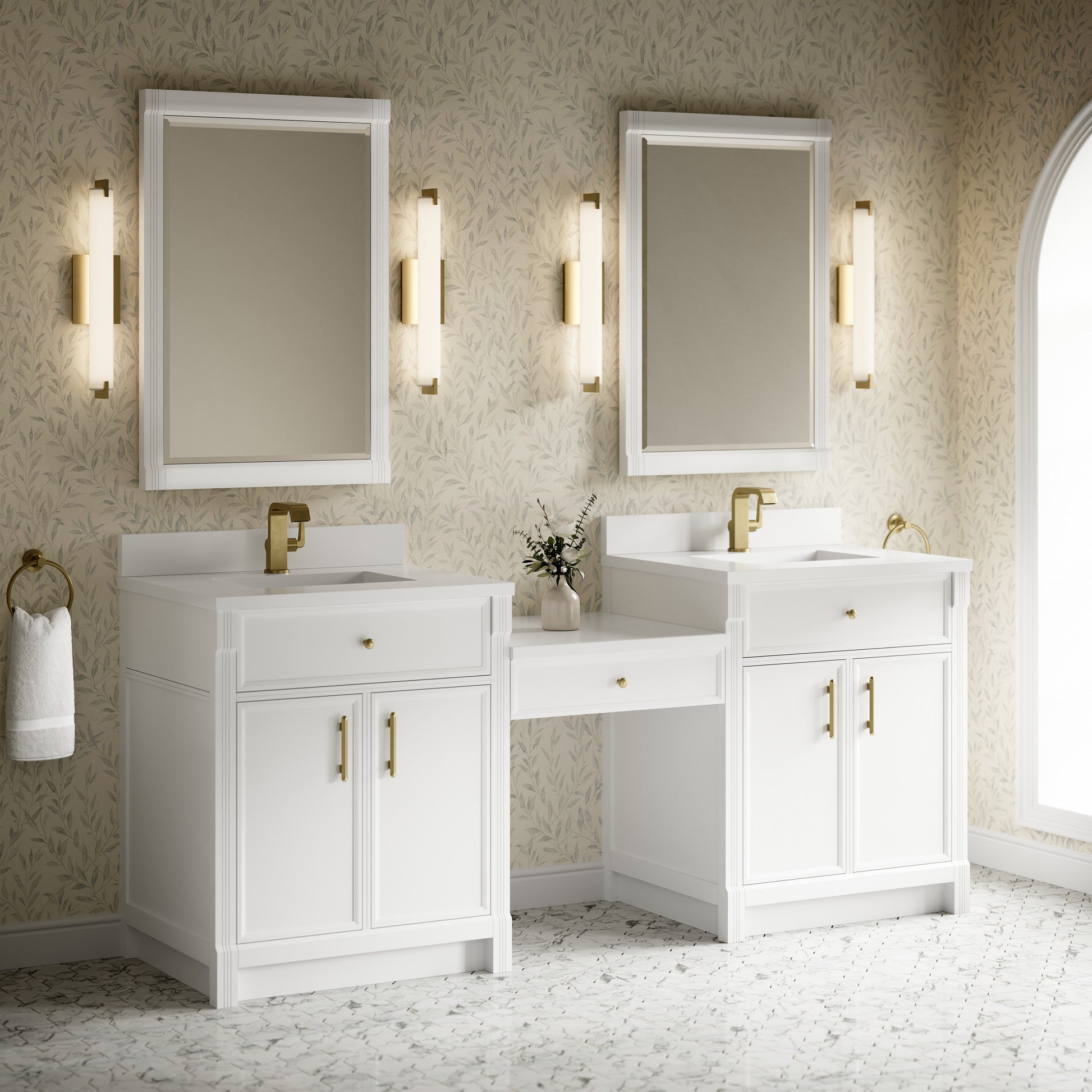 Renovate for Less Atlanta Bellshire 84" Dual Vanity Set with 24" Make-Up Counter, Bright White w/Single Hole 3 cm White Zeus Silestone Top & Backsplash