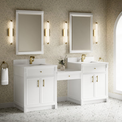 Renovate for Less Atlanta Bellshire 84" Dual Vanity Set with 24" Make-Up Counter, Bright White w/Single Hole 3 cm White Zeus Silestone Top & Backsplash