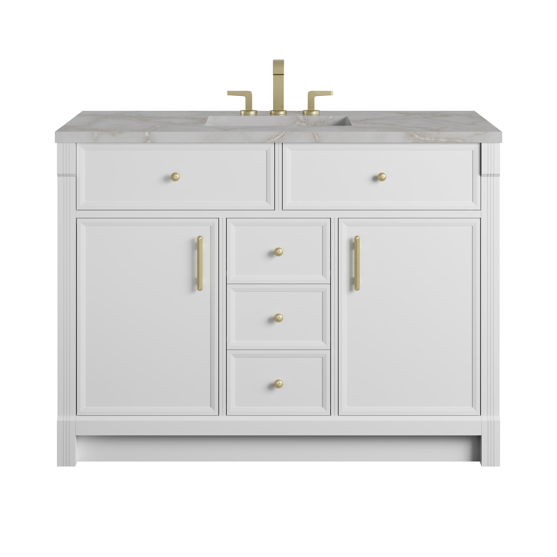 Renovate for Less Atlanta Bellshire 48" Single Vanity, Bright White w/ 3 CM Victorian Silver Silestone Top w/FreePower Wireless Charger