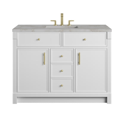 Renovate for Less Atlanta Bellshire 48" Single Vanity, Bright White w/ 3 CM Victorian Silver Silestone Top w/FreePower Wireless Charger