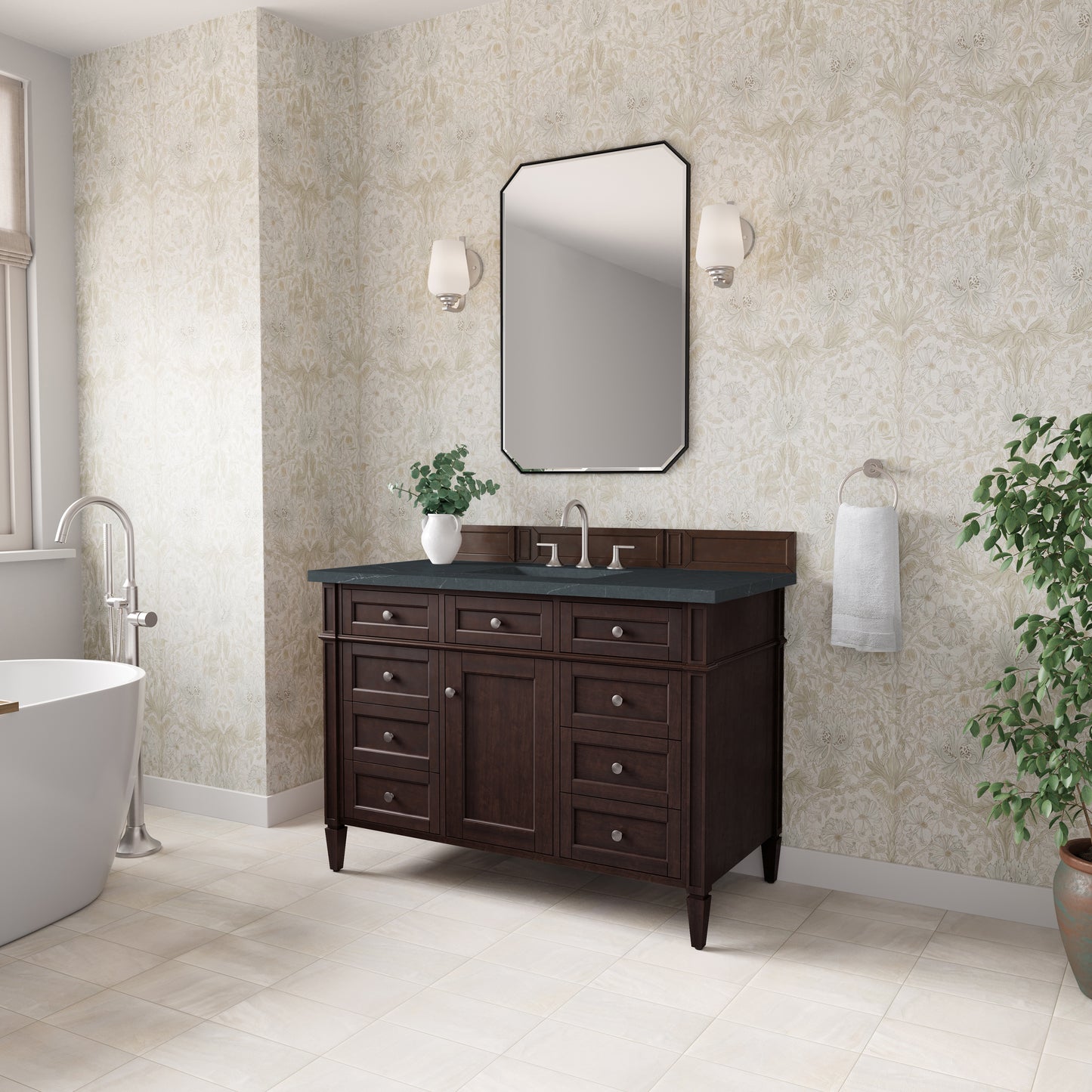 Renovate for Less Atlanta Brittany 48" Single Vanity, Burnished Mahogany w/ 3 CM Charcoal Soapstone Silestone Top