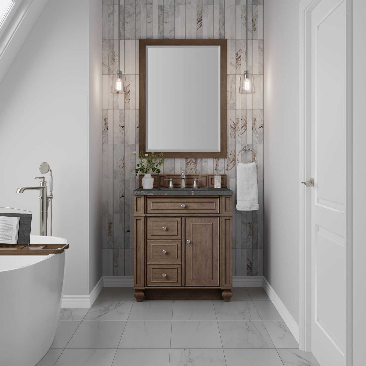Renovate for Less Atlanta Bristol 30" Single Vanity, Whitewashed Walnut w/ 3 CM Parisien Bleu Silestone Top
