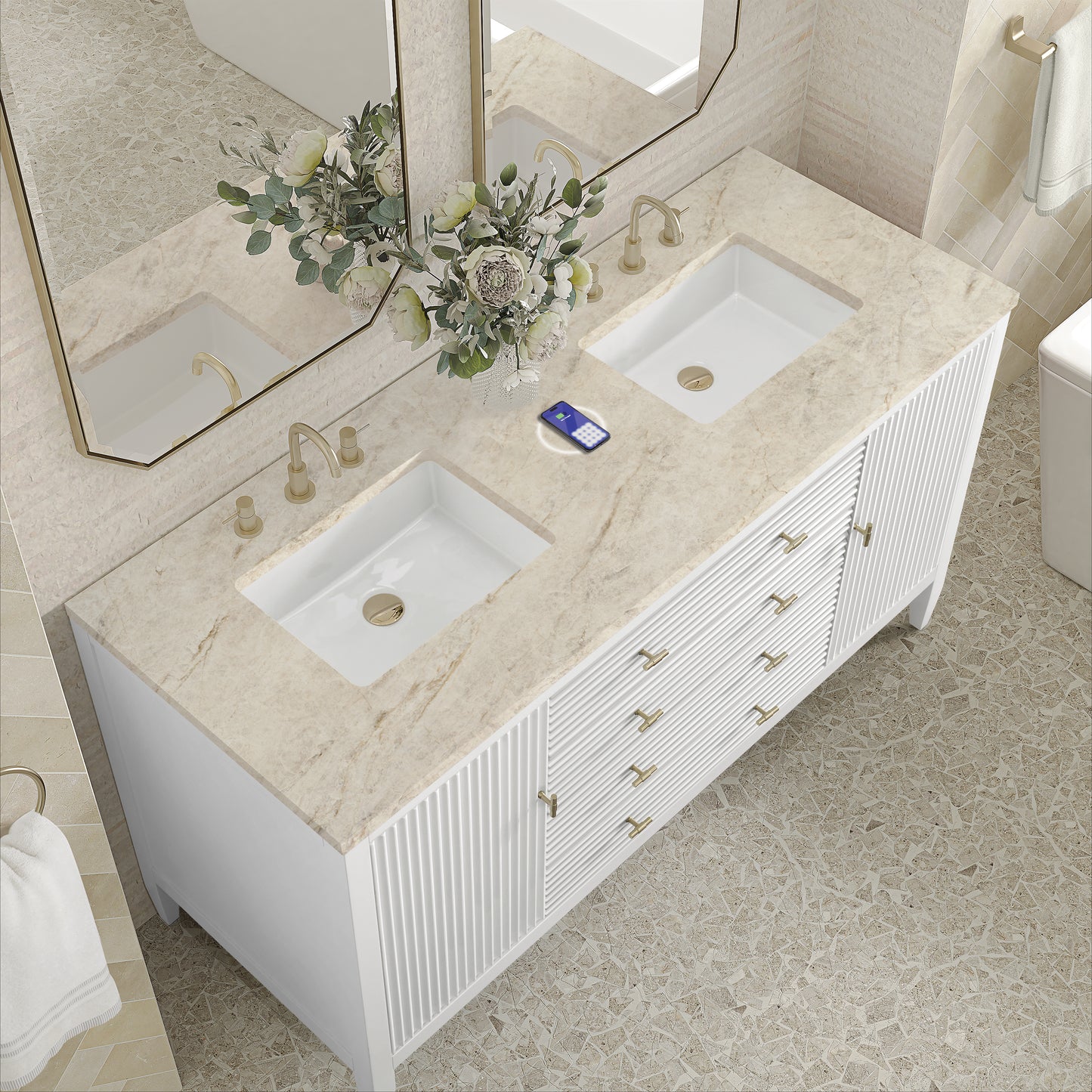 Renovate for Less Atlanta Myrrin 60" Double Vanity, Bright White, w/ 3 CM Tajnar Eclos Top w/FreePower Wireless Charger