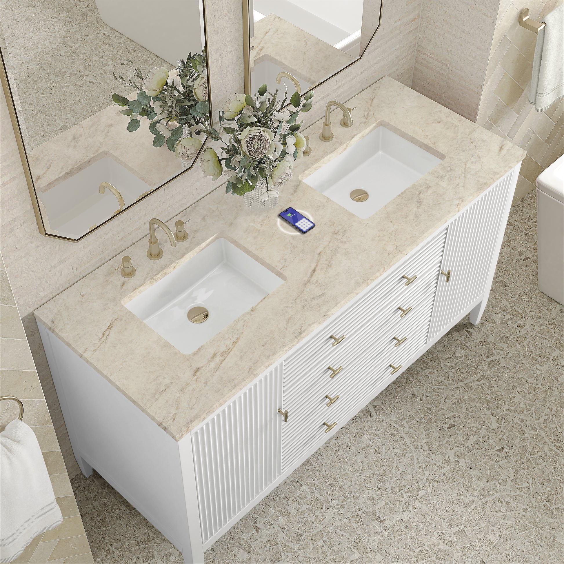 Renovate for Less Atlanta Myrrin 60" Double Vanity, Bright White, w/ 3 CM Tajnar Eclos Top w/FreePower Wireless Charger
