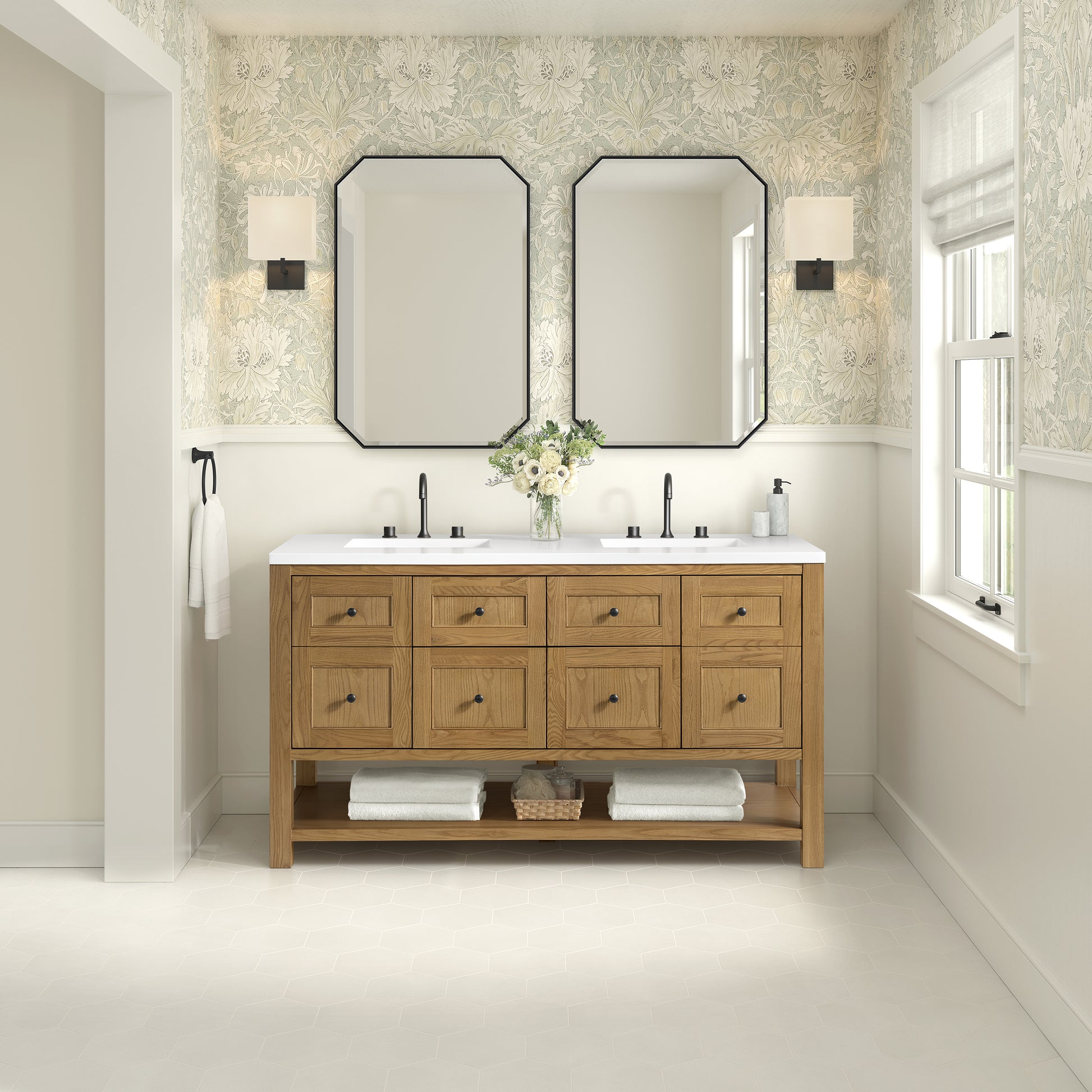 Renovate for Less Atlanta Breckenridge 60" Double Vanity, Light Natural Oak, w/ 3 CM White Zeus Quartz Top