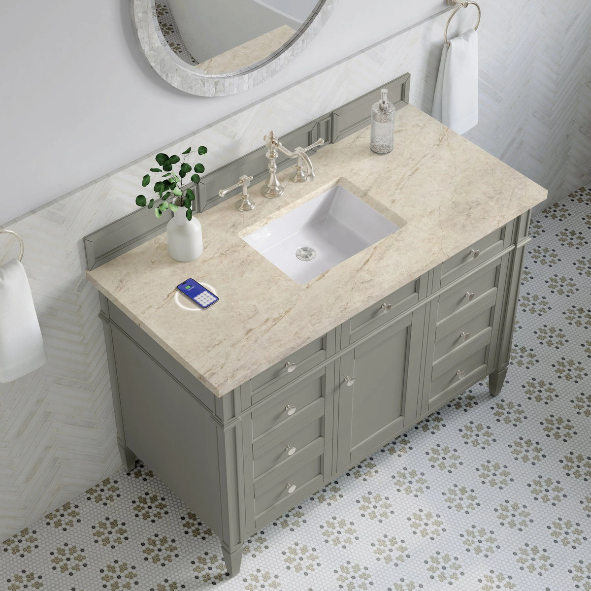 Brittany 48" Single Vanity, Urban Gray, w/ 3 CM Tajnar Eclos Top w/FreePower Wireless Charger