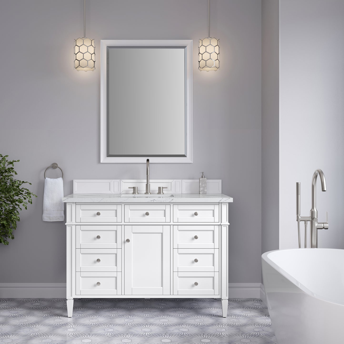 Renovate for Less Atlanta Brittany 48" Single Vanity, Bright White w/ 3 CM Ethereal Noctis Silestone Top