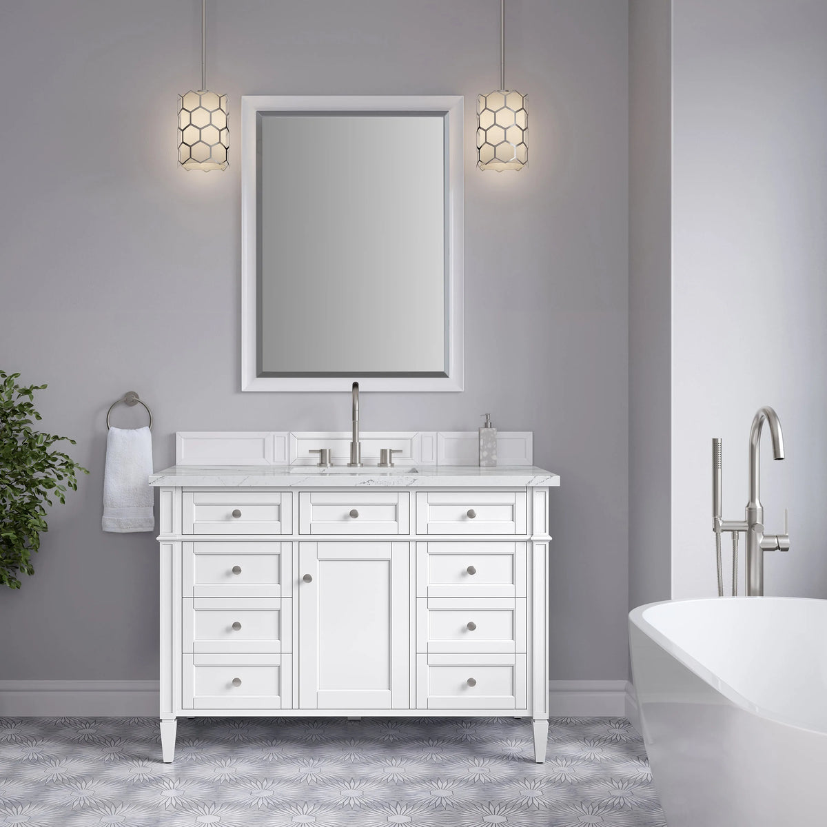 Brittany 48" Single Vanity, Bright White w/ 3 CM Ethereal Noctis Silestone Top