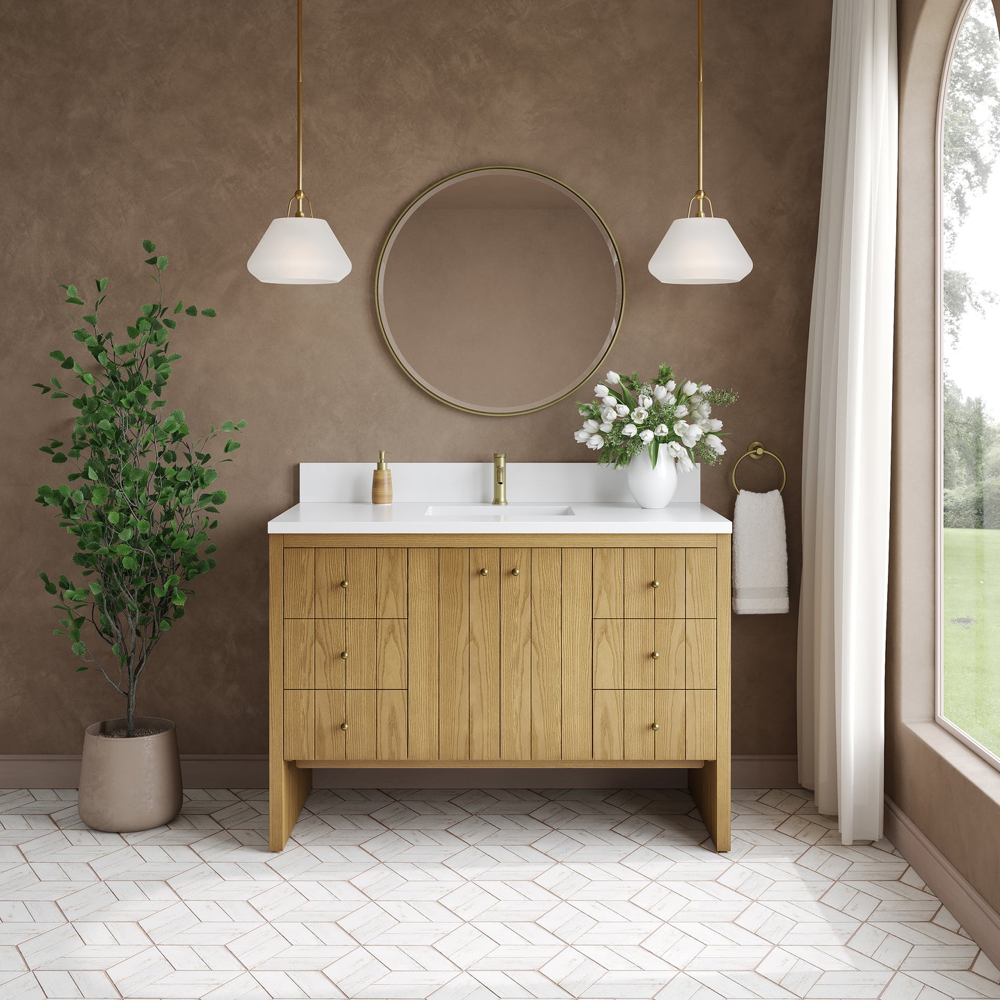 Renovate for Less Atlanta Hudson 48" Single Vanity, Light Natural Oak w/ Single Hole 3 CM White Zeus Top & Backsplash