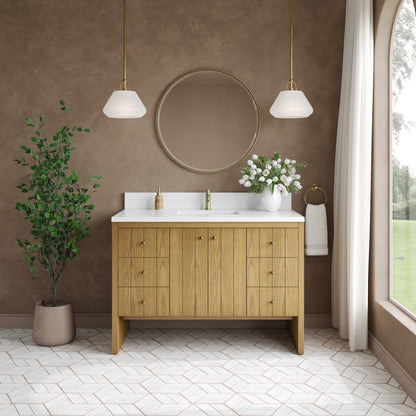 Renovate for Less Atlanta Hudson 48" Single Vanity, Light Natural Oak w/ Single Hole 3 CM White Zeus Top & Backsplash