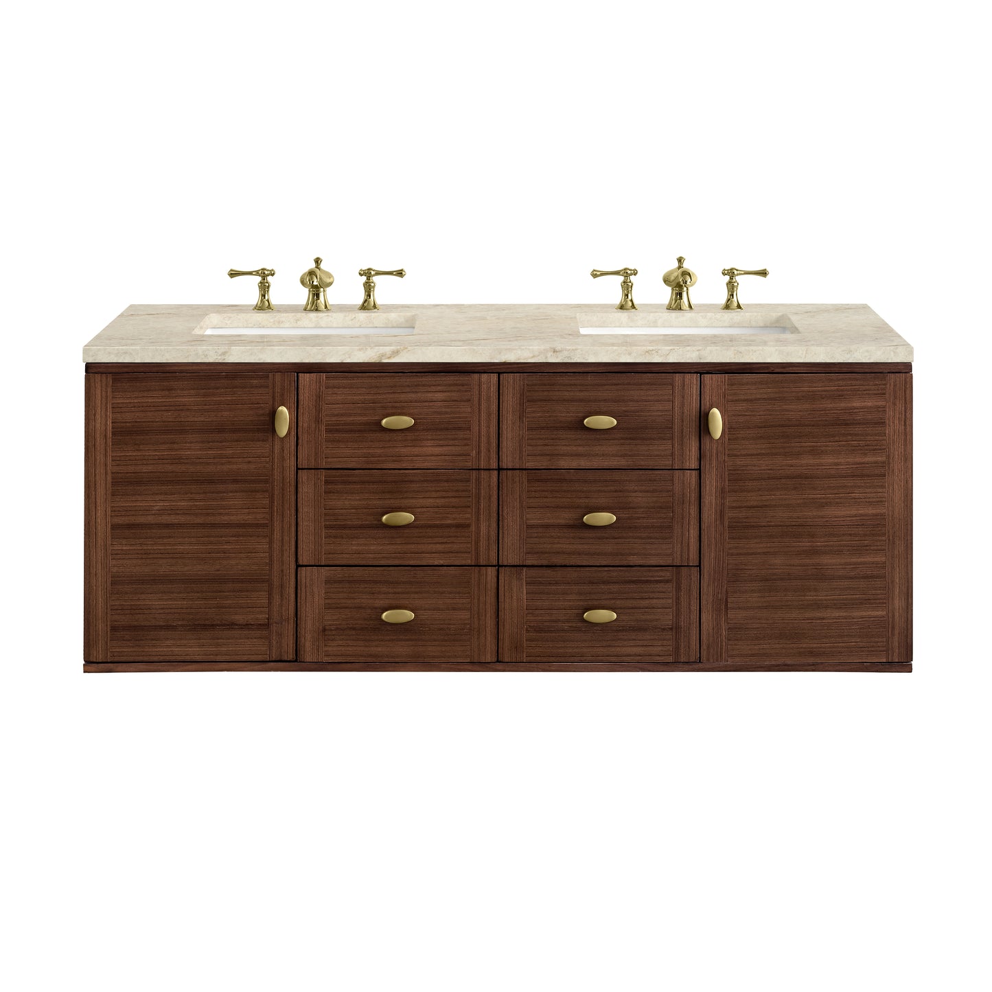 Renovate for Less Atlanta Amberly 60" Double Vanity, Mid-Century Walnut, w/ 3 CM Tajnar Eclos Top w/FreePower Wireless Charger