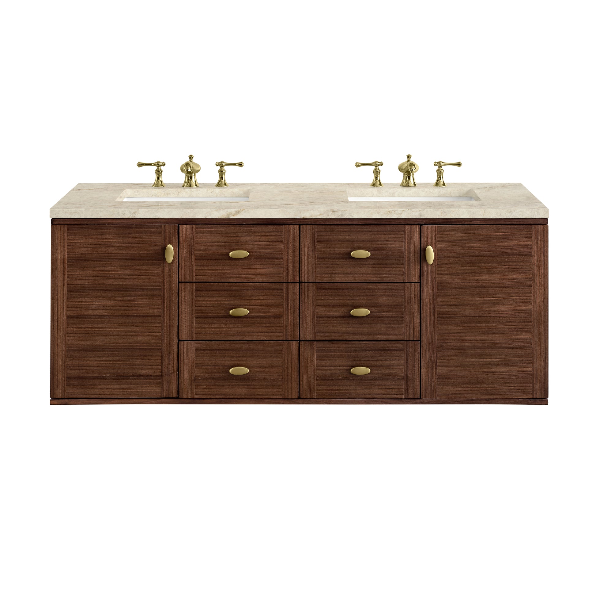 Renovate for Less Atlanta Amberly 60" Double Vanity, Mid-Century Walnut, w/ 3 CM Tajnar Eclos Top w/FreePower Wireless Charger