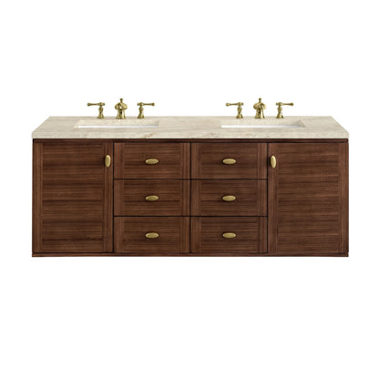 Amberly 60" Double Vanity, Mid-Century Walnut, w/ 3 CM Tajnar Eclos Top w/FreePower Wireless Charger