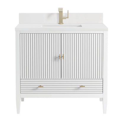 Myrrin 36" Vanity, Bright White w/ Single Hole 3 CM White Zeus Silestone Top & Backsplash