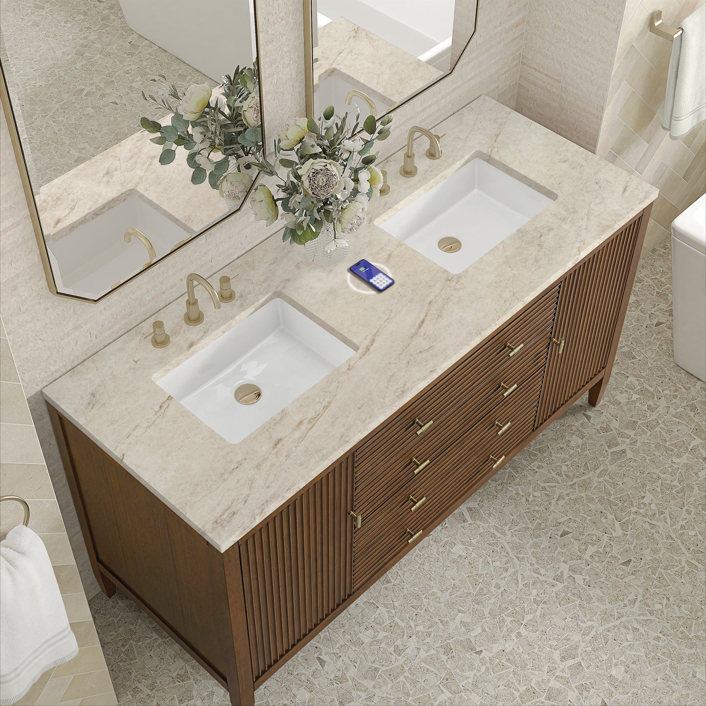 Renovate for Less Atlanta Myrrin 60" Double Vanity, Mid Century Walnut, w/ 3 CM Tajnar Eclos Top w/FreePower Wireless Charger