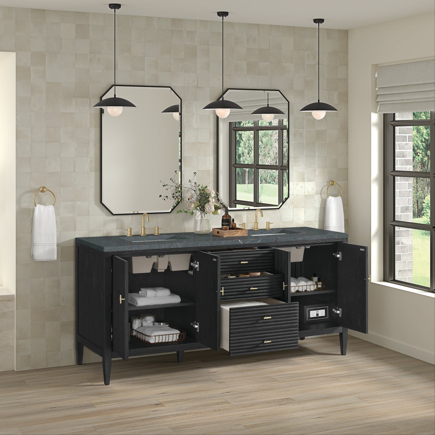 Renovate for Less Atlanta Myrrin 72" Double Vanity, Carbon Oak w/ 3 CM Parisien Bleu Silestone Top w/FreePower Wireless Charger