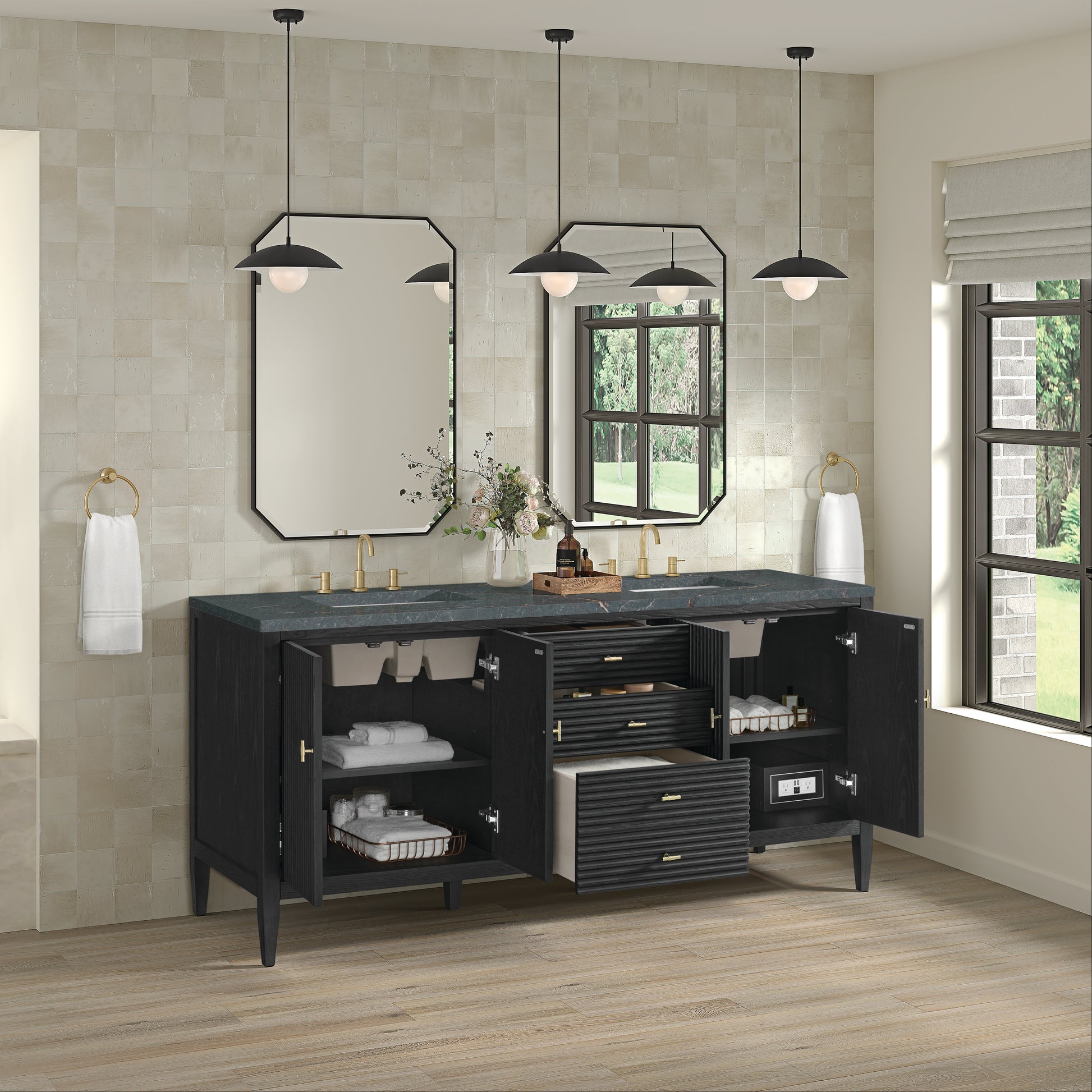Renovate for Less Atlanta Myrrin 72" Double Vanity, Carbon Oak w/ 3 CM Parisien Bleu Silestone Top w/FreePower Wireless Charger