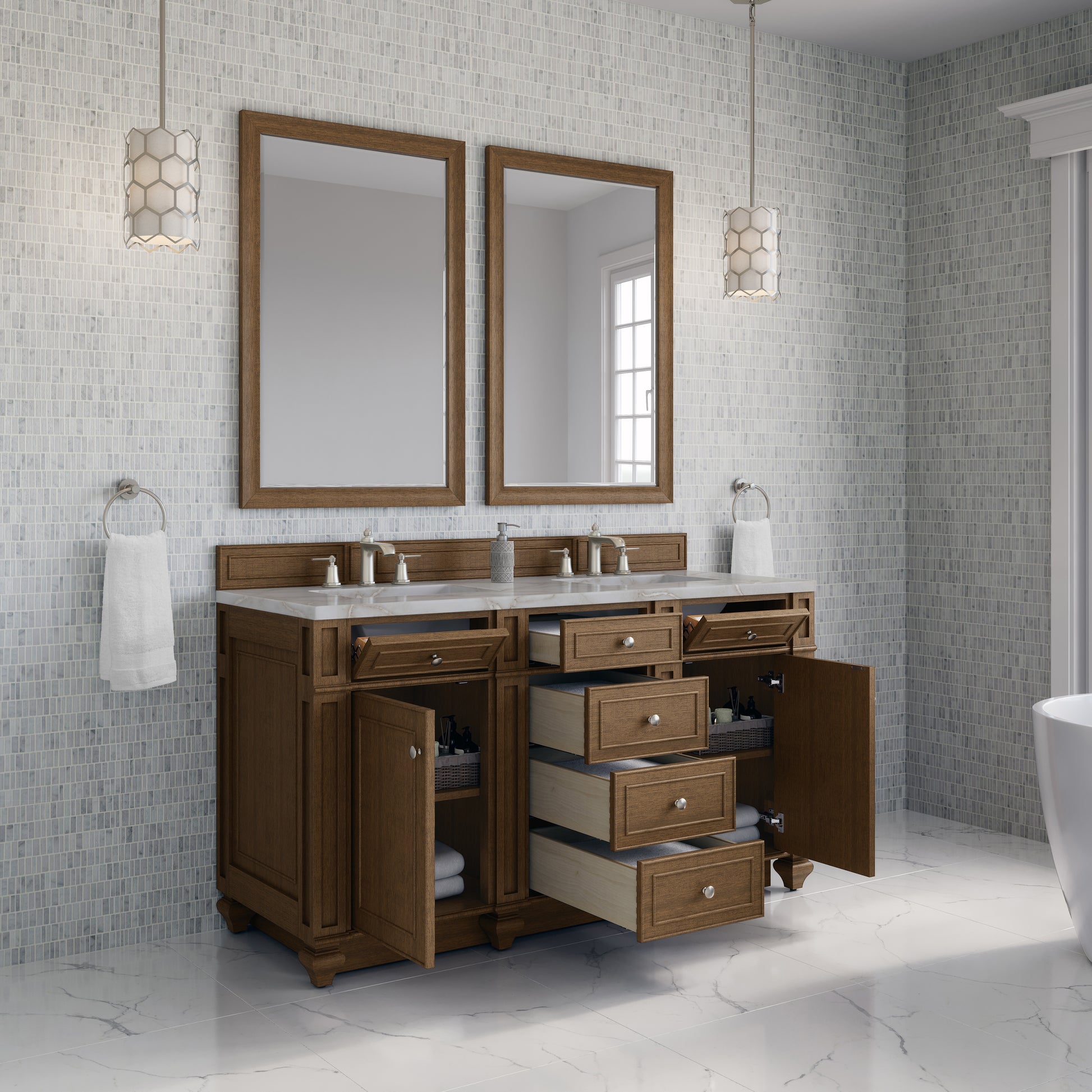 Renovate for Less Atlanta Bristol 60" Double Vanity, Saddle Brown w/ 3 CM Victorian Silver Silestone Top