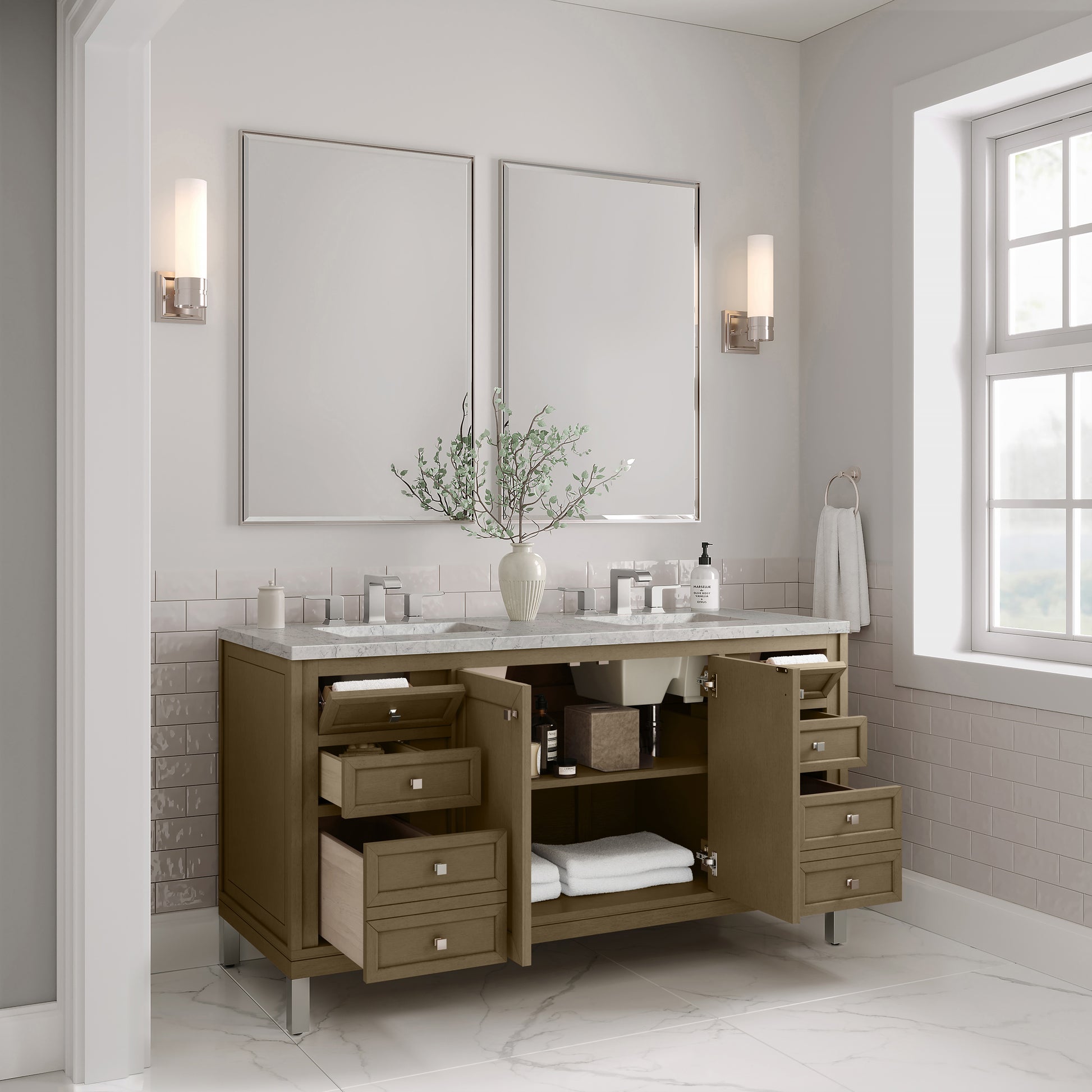 Renovate for Less Atlanta Chicago 60" Double Vanity, Walnut Whisper, w/ 3 CM Eternal Jasmine Pearl Silestone® Top