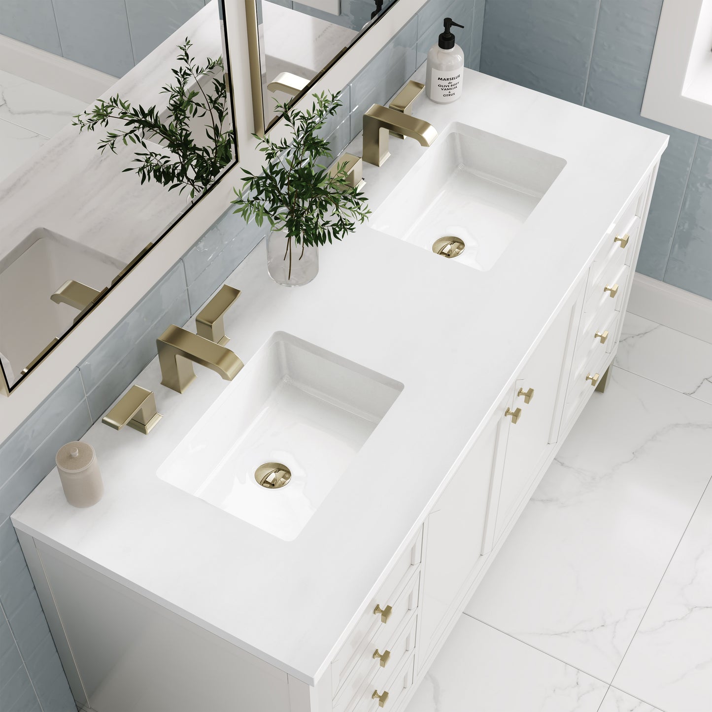 Renovate for Less Atlanta Chicago 60" Double Vanity, Glossy White, w/ 3 CM White Zeus Silestone® Top