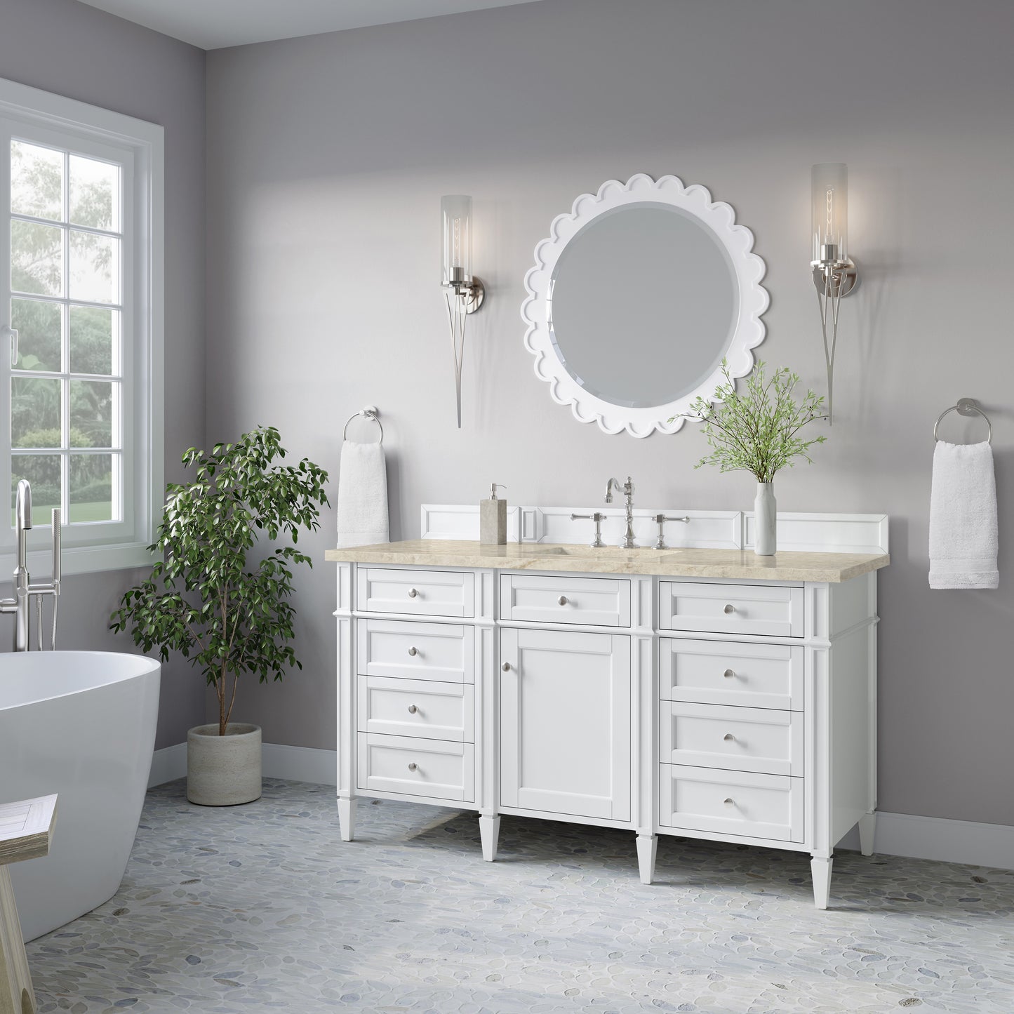 Renovate for Less Atlanta Brittany 60" Single Vanity in Bright White, w/ 3 CM Tajnar Eclos Top