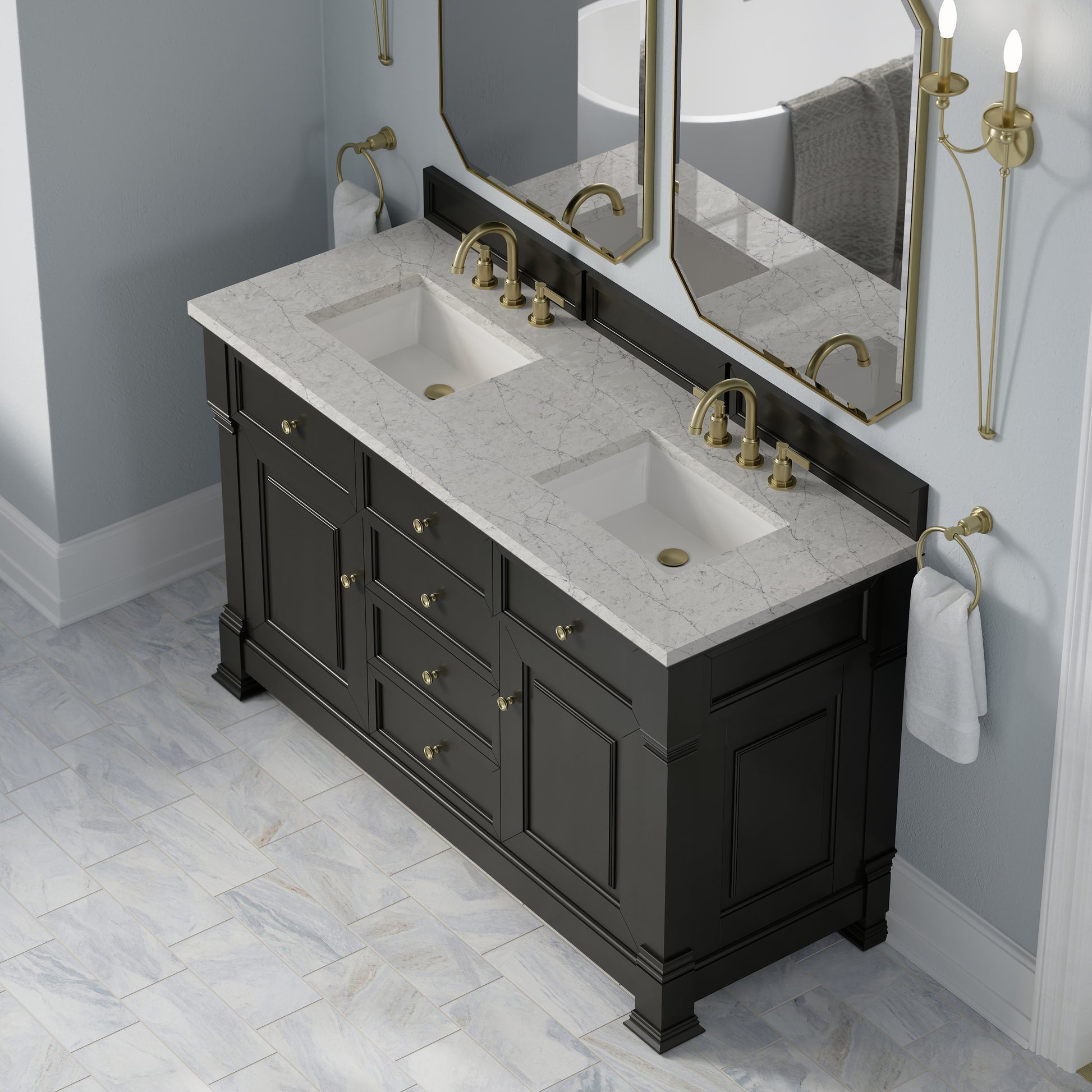 Renovate for Less Atlanta Brookfield 60" Double Vanity, Black Onyx w/3 CM Eternal Jasmine Pearl Silestone Top
