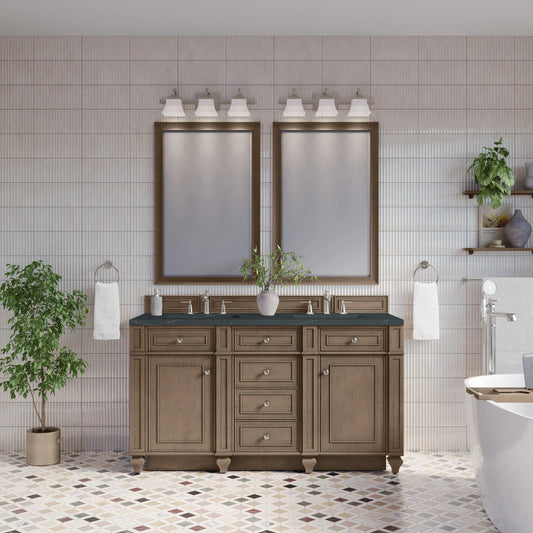 Bristol 60" Double Vanity, Whitewashed Walnut w/ 3 CM Charcoal Soapstone Silestone Top
