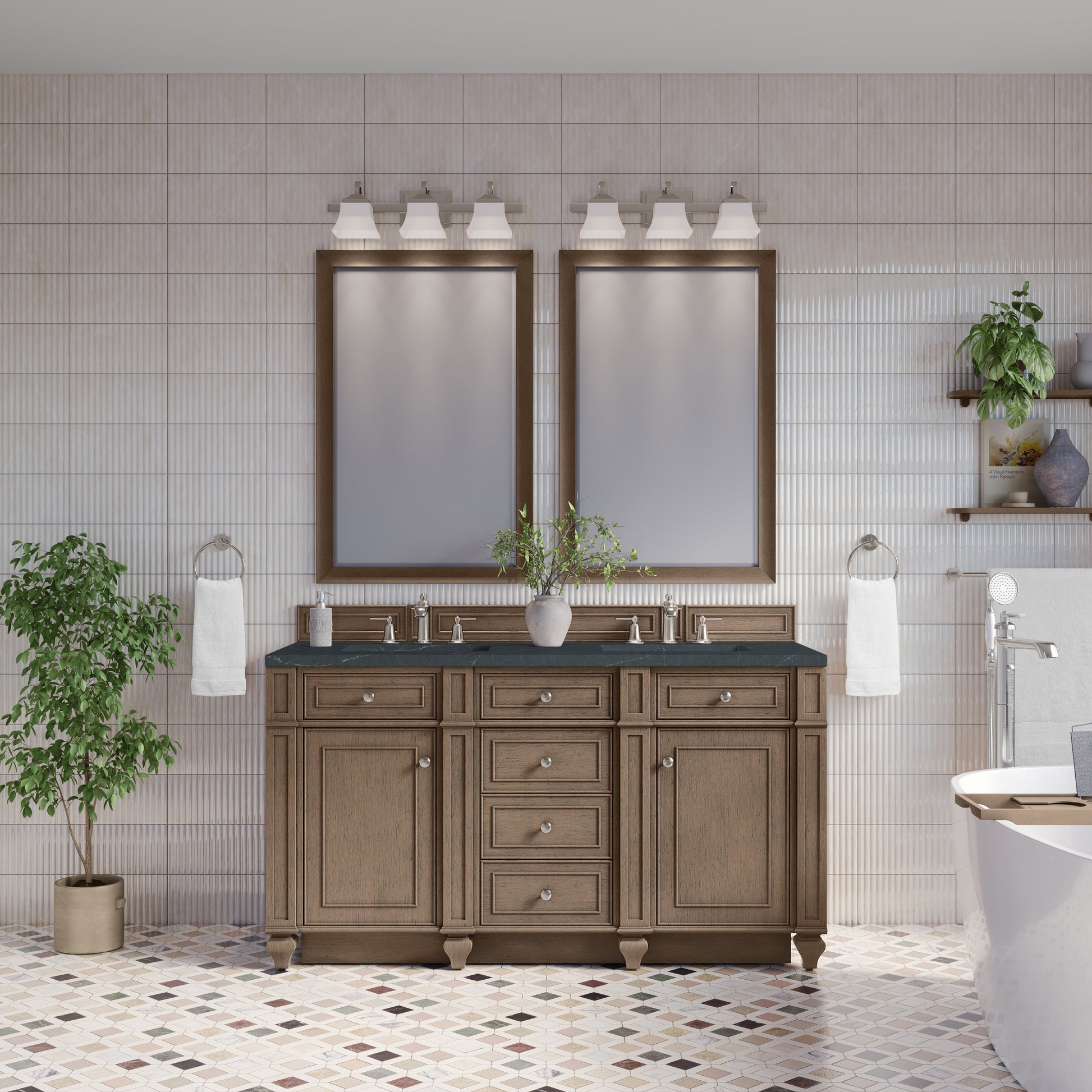Renovate for Less Atlanta Bristol 60" Double Vanity, Whitewashed Walnut w/ 3 CM Charcoal Soapstone Silestone Top
