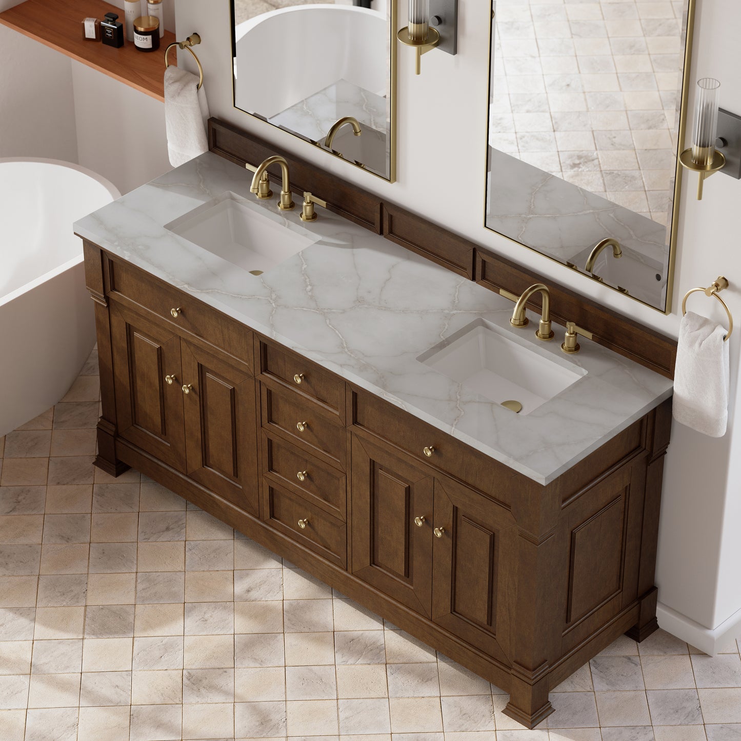 Renovate for Less Atlanta Brookfield 72" Double Vanity, Honey Oak w/ 3 CM Victorian Silver Silestone Top w/ FreePower Wireless Charger