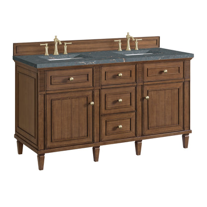 Renovate for Less Atlanta Lorelai 60" Double Vanity, Mid-Century Walnut w/ 3 CM Parisien Bleu Silestone Top w/FreePower Wireless Charger