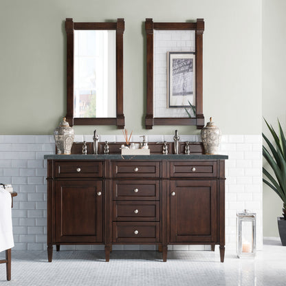 Renovate for Less Atlanta Brittany 60" Double Vanity, Burnished Mahogany w/ 3 CM Parisien Bleu Silestone Top w/FreePower Wireless Charger