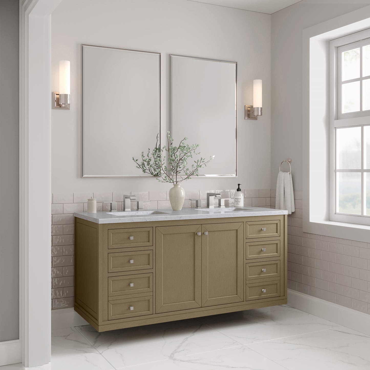 Renovate for Less Atlanta Chicago 60" Double Vanity, Walnut Whisper, w/ 3 CM Carrara Marble Top