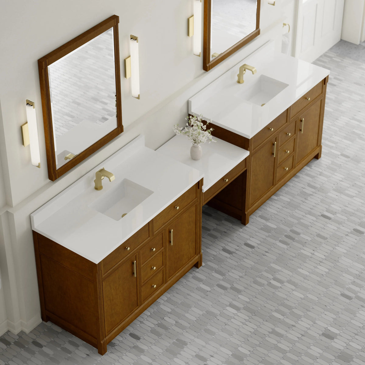 Bellshire 120" Dual Vanity Set with 24" Make-Up Counter, Honey Oak w/Single Hole 3 cm White Zeus Silestone Top & Backsplash