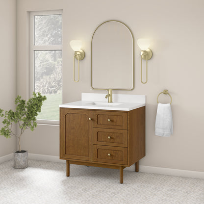 Renovate for Less Atlanta Laurent 36" Single Vanity, Honey Oak w/ Single Hole 3 CM White Zeus Silestone Top and Matching Backsplash