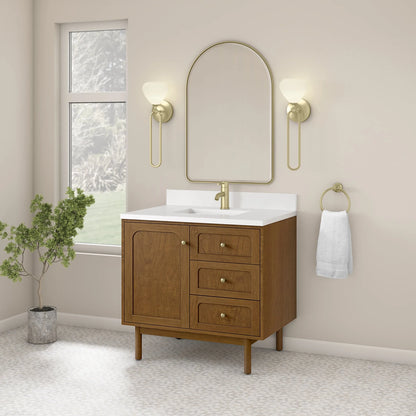 Laurent 36" Single Vanity, Honey Oak w/ Single Hole 3 CM White Zeus Silestone Top and Matching Backsplash