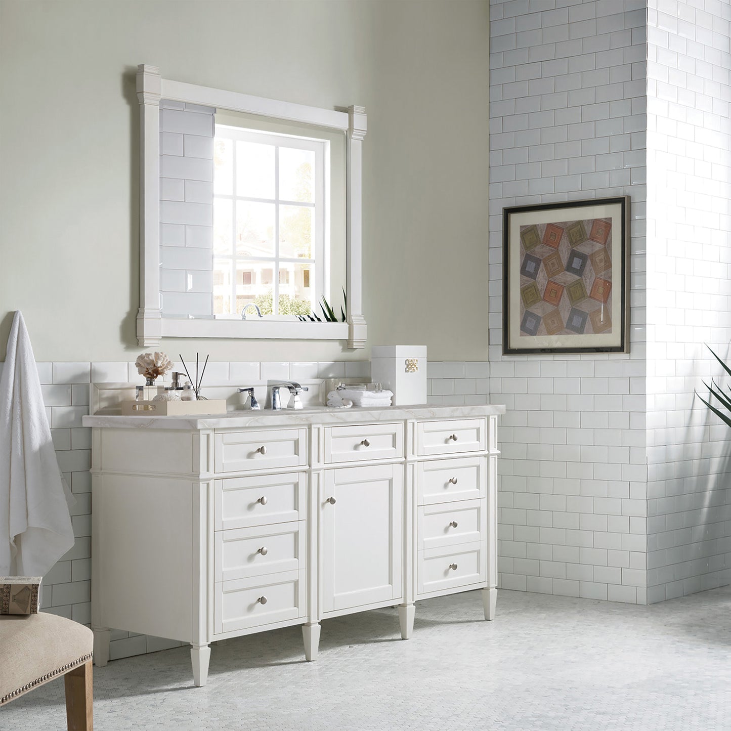 Renovate for Less Atlanta Brittany 60" Single Vanity, Bright White w/ 3 CM Victorian Silver Silestone Top w/FreePower Wireless Charger